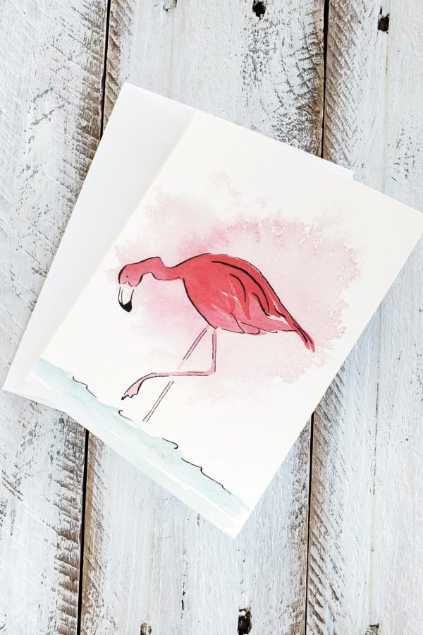 flamingo looking for food watercolor greeting card