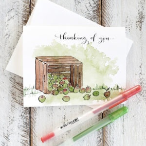 apple crate thinking of you card with pens