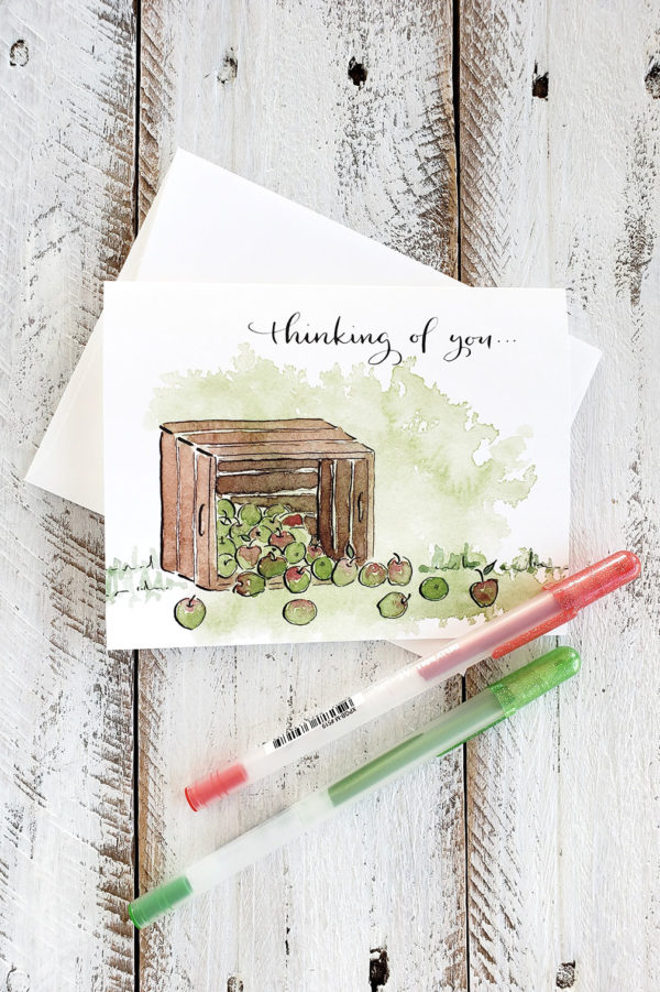 apple crate thinking of you card with pens