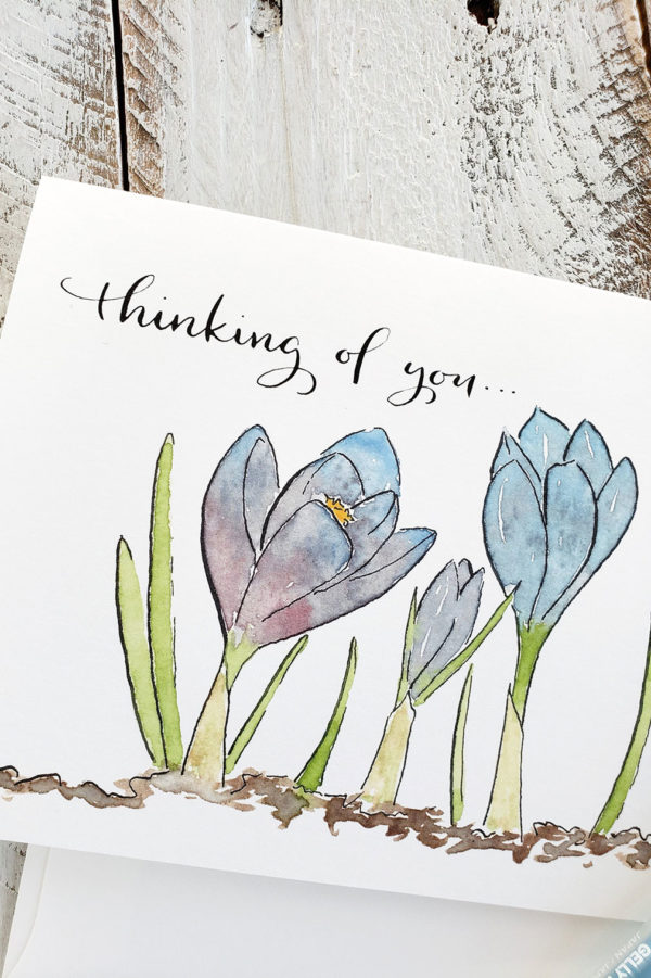 watercolor crocus closeup on a greeting card