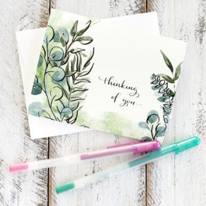 eucalyptus watercolor thinking of you card and pens