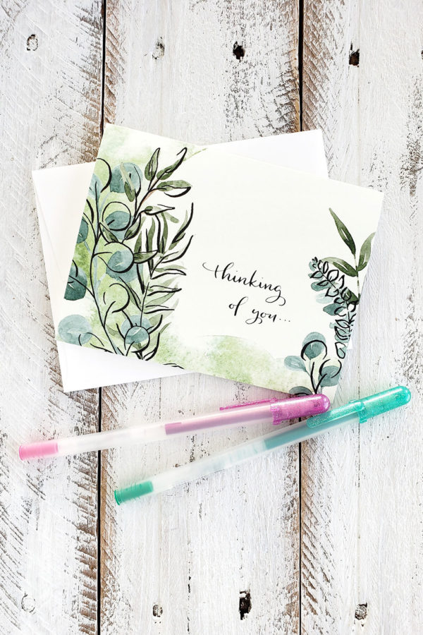 eucalyptus watercolor thinking of you card and pens