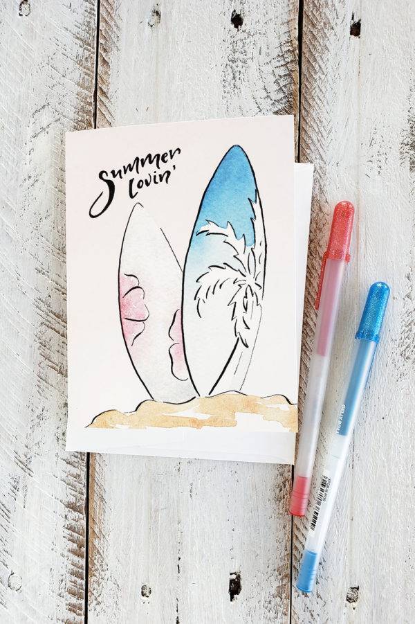 Summer Lovin' Surfboard watercolor card and pens