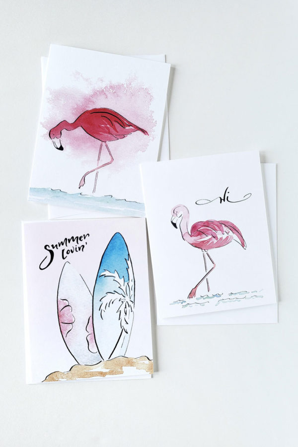 flamingo and surfboard cards in tropical gift set