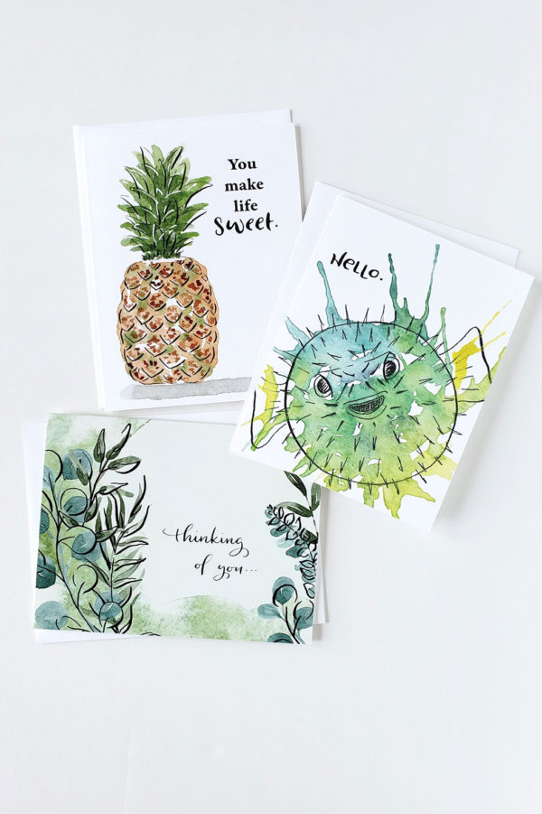 pineapple, puffer fish, and eucalyptus cards set