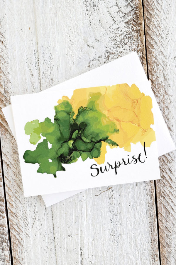 green and yellow alcohol ink surprise mini card