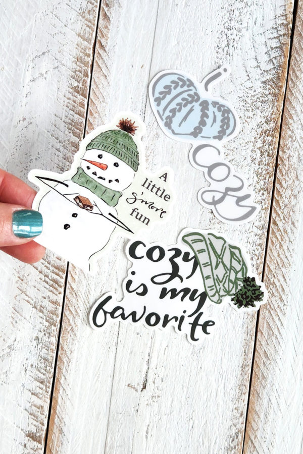 s'more snowman sticker is pictured with other winter stickers