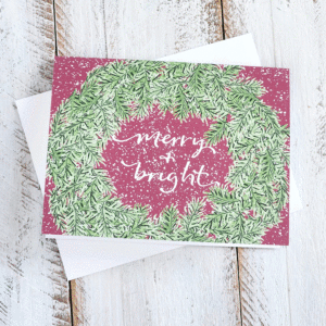 Merry & Bright pine wreath greeting card