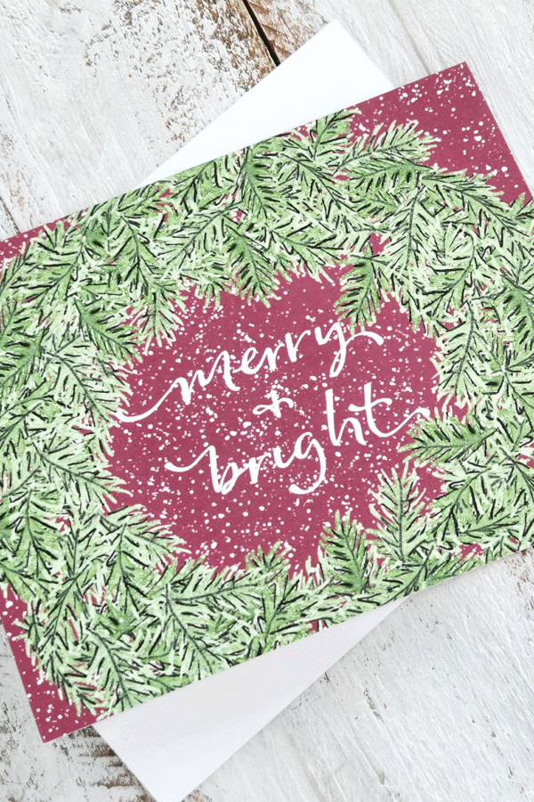 merry & bright pine wreath greeting card close