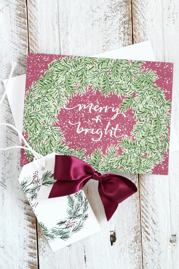 merry and bright pine wreath card with gift tag and bow