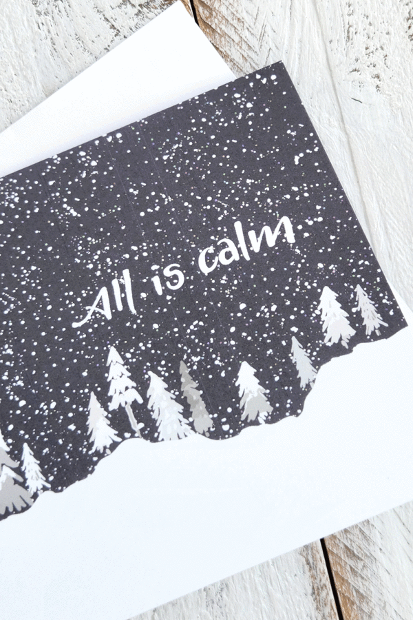 all is calm snowy trees greeting card close