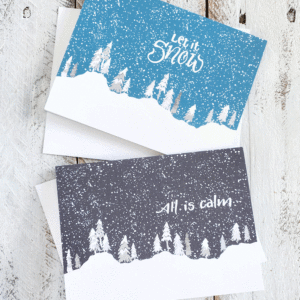 snowy trees greeting cards in blue and black