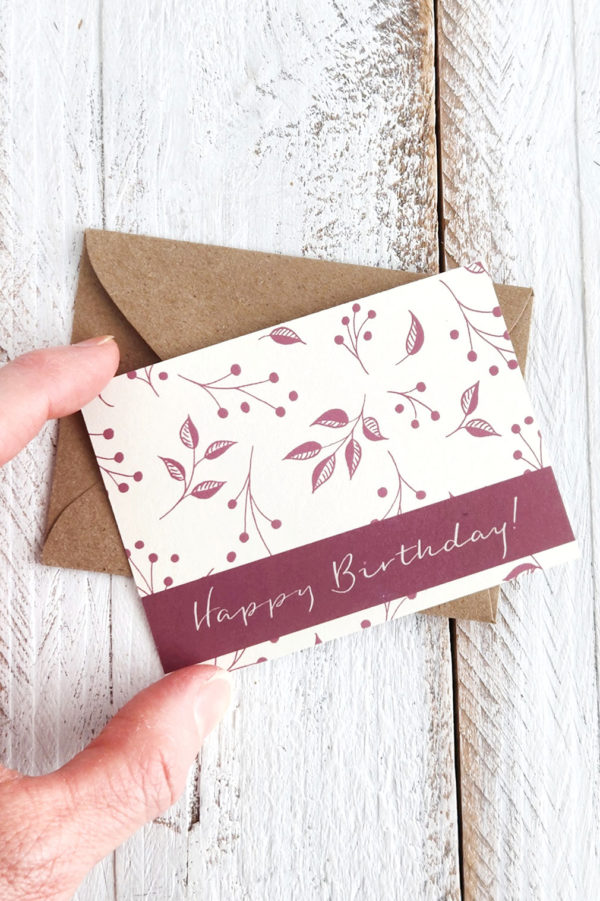 Leaves and berries on a cream birthday mini card