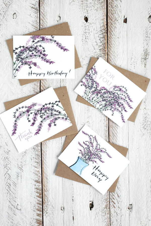 Four different lavender mini cards make a set