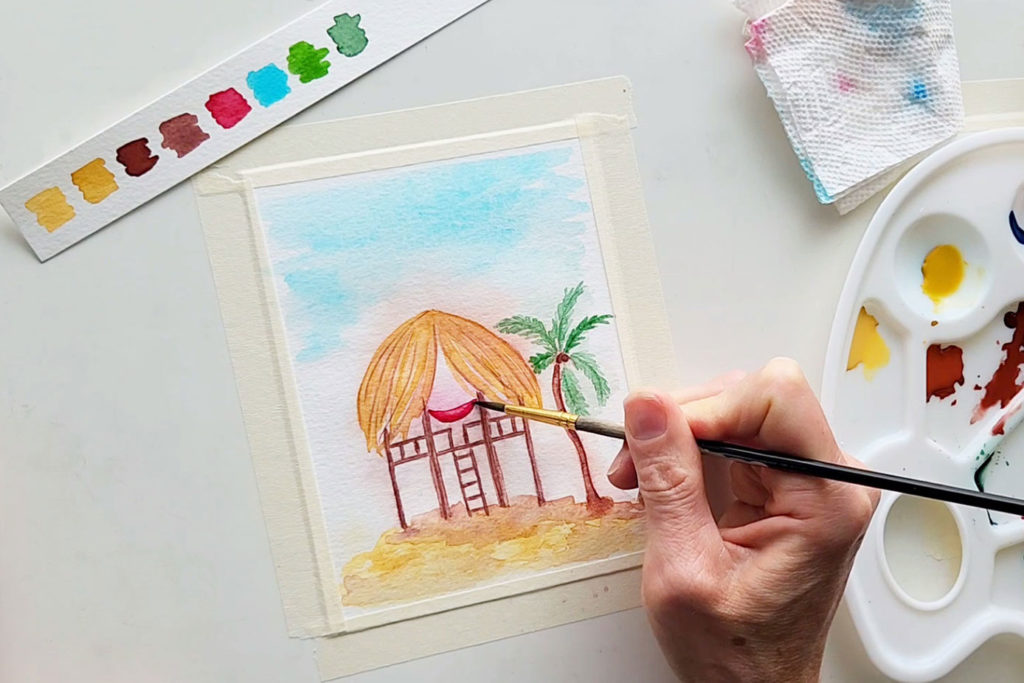 beach hut painted with Paul Rubens watercolors