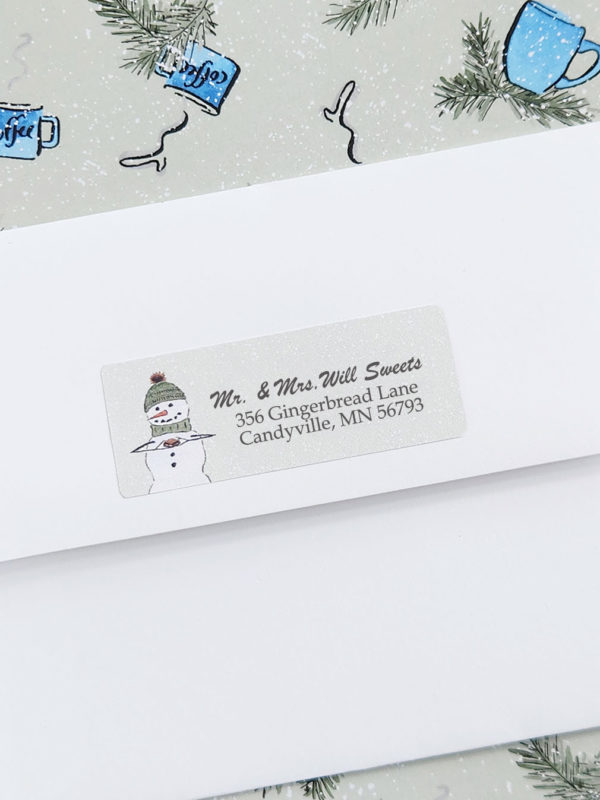 snowman return address label on back of envelope