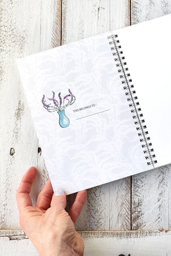 Inside cover of a lavender notebook