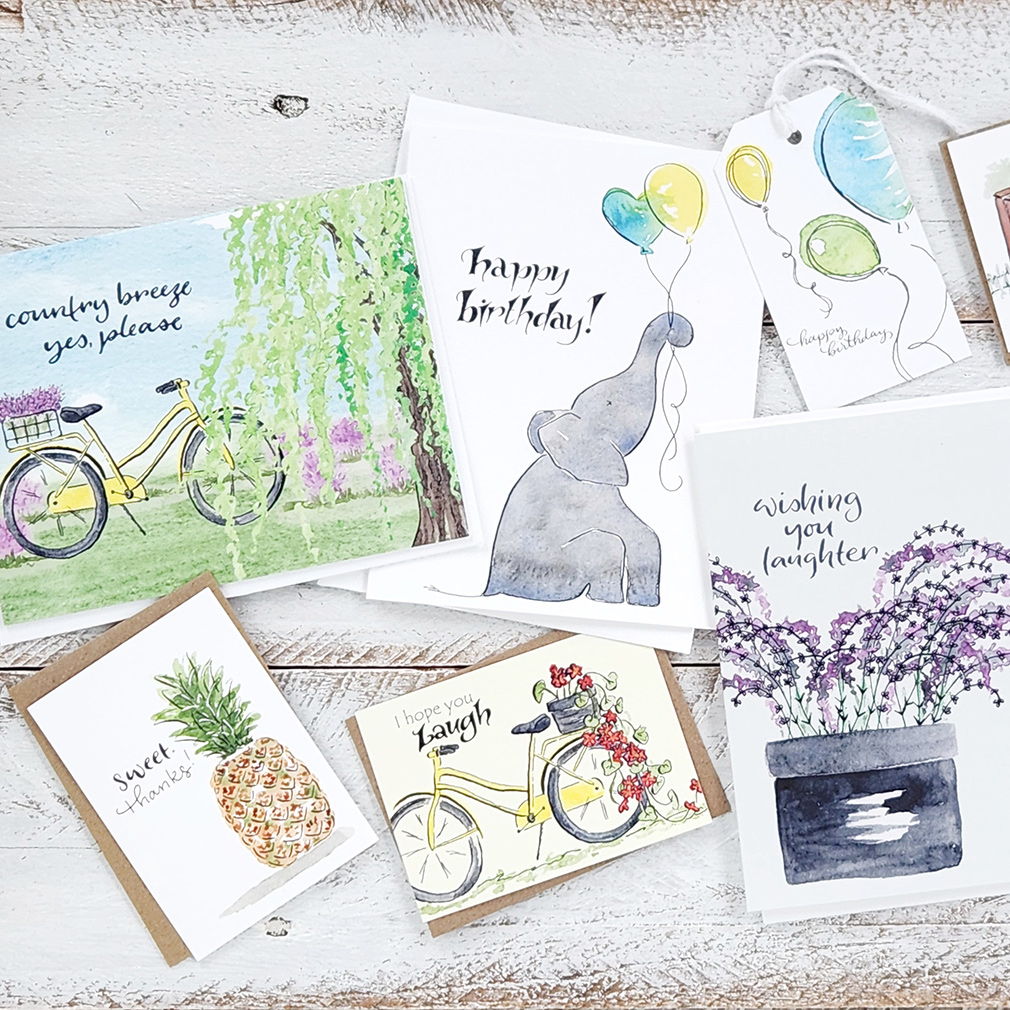 greeting cards, mini cards, and gift tags with watercolor illustration