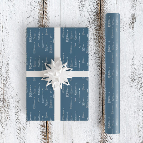 designed Christmas trees blue gift wrap