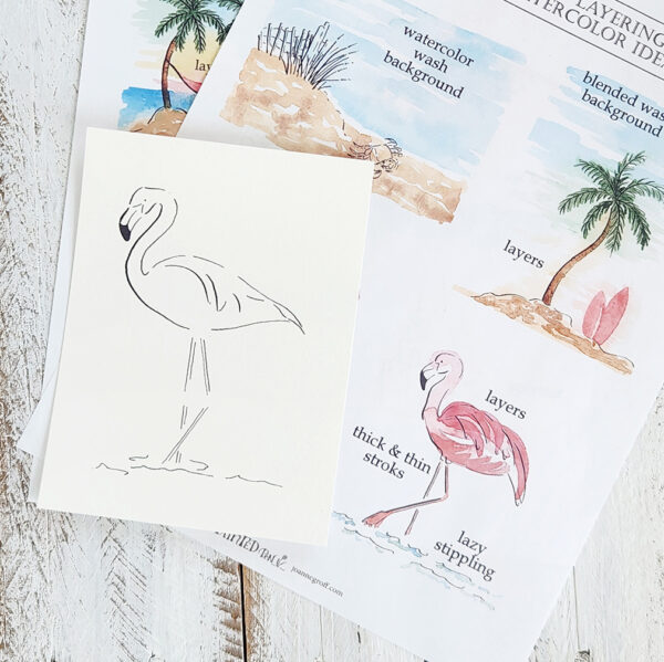 Flamingo drawing and worksheets from the Tropical Fun DIY Watercolor Kit