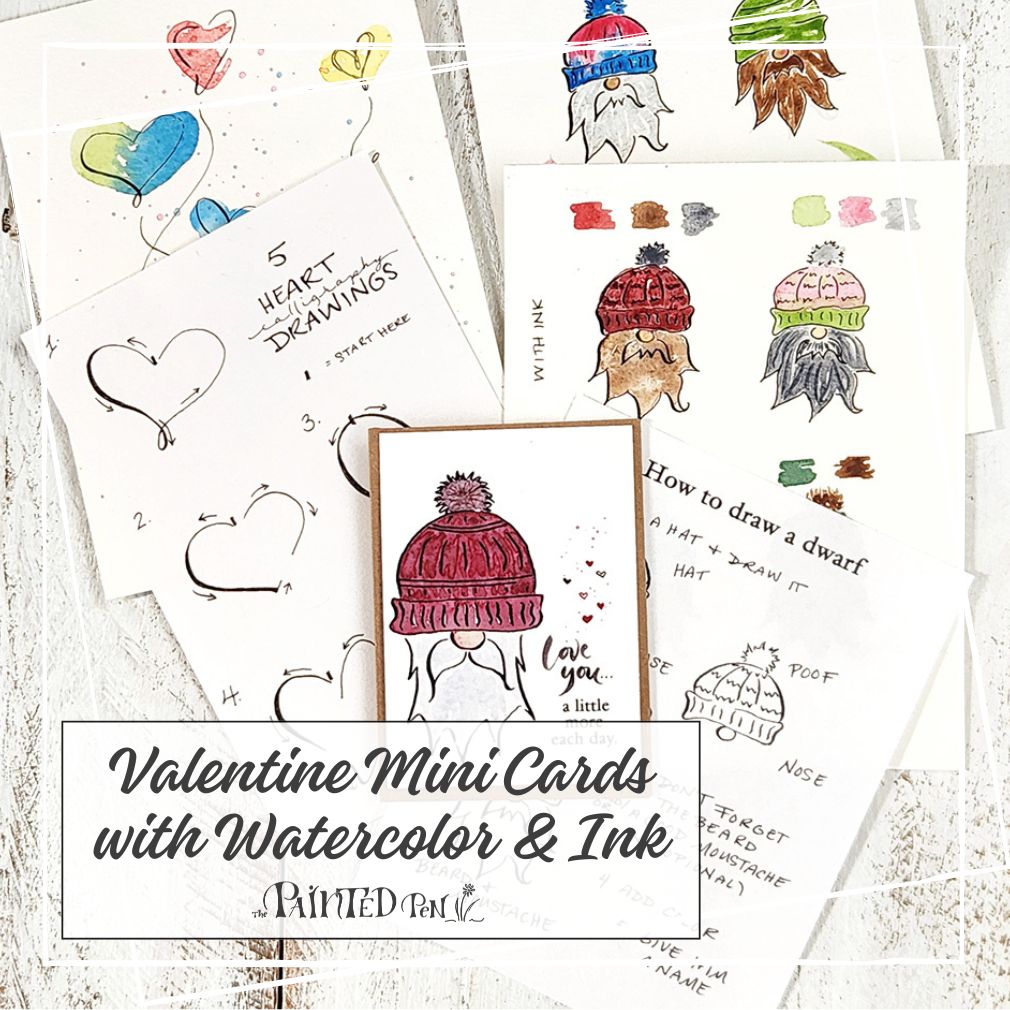 Valentine mini cards with watercolor and ink in-person workshop