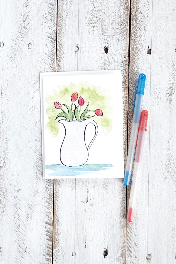 tulip pitcher watercolor and ink greeting card