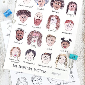 My Everyday Emotions feeling face charts in color and black and white.