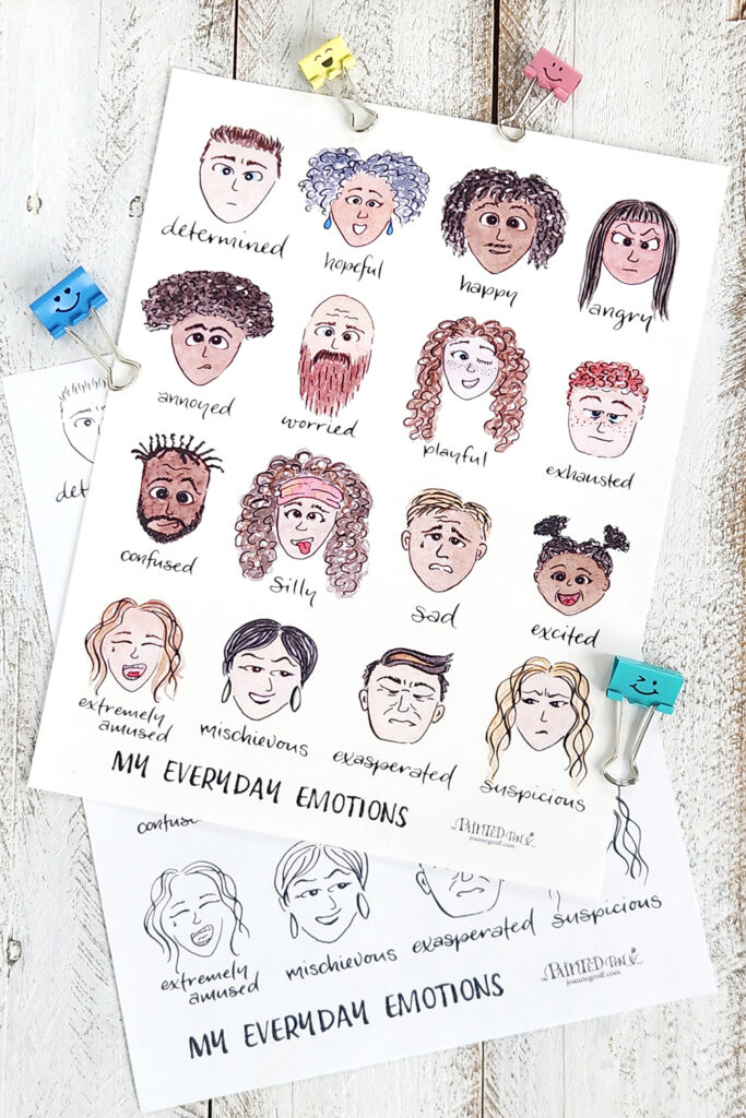 My Everyday Emotions feeling face charts in color and black and white.